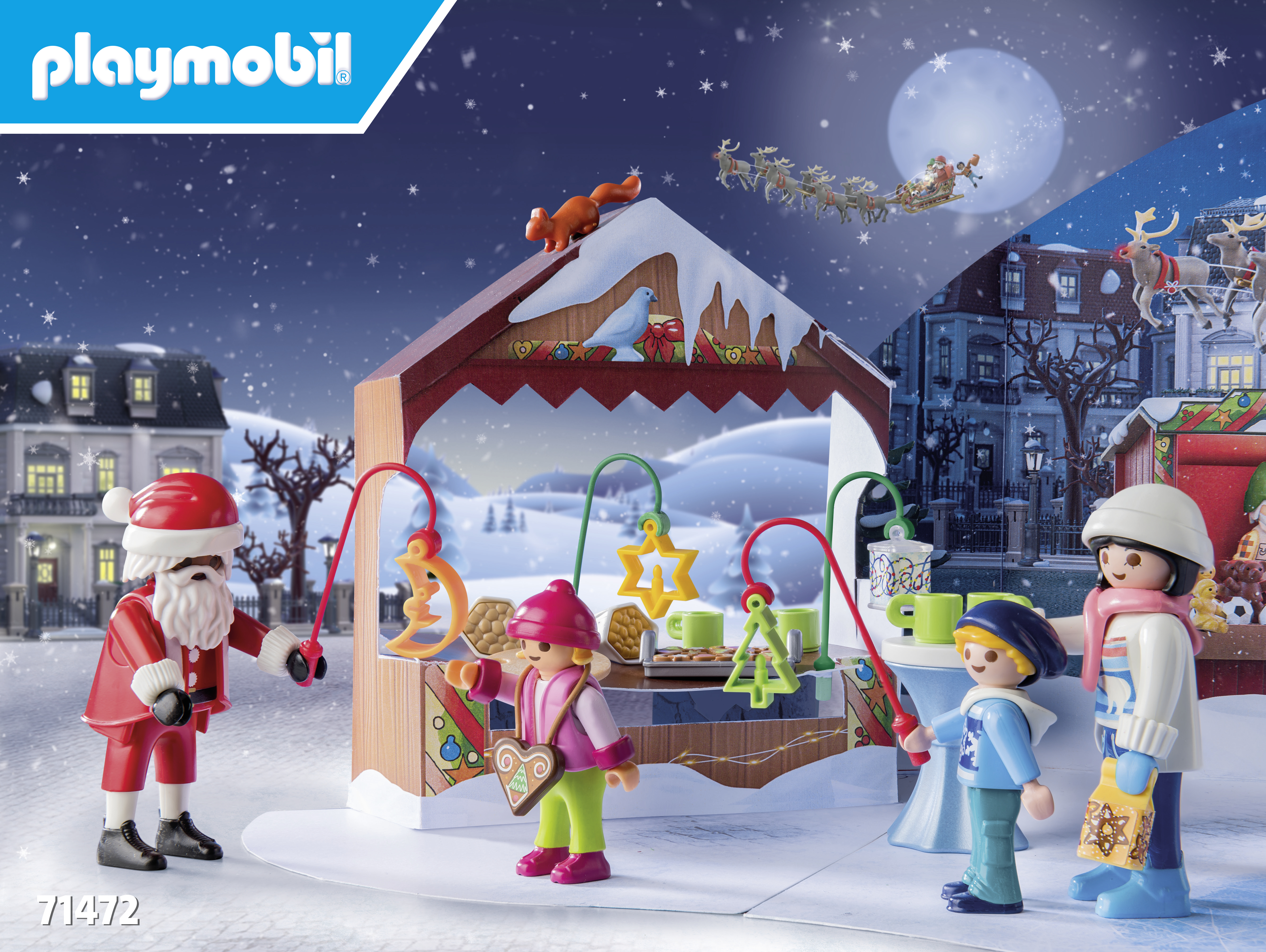 Eine Playmobil-Weihnachtsmarktszene. Figuren von Santa, Kindern und einem Stand. Ein Schlitten mit Rentieren am Himmel.