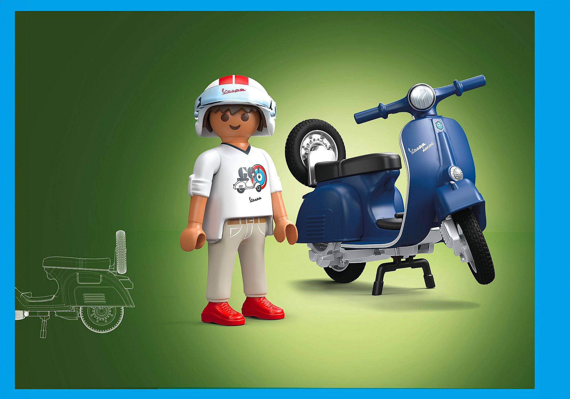 Figurka Playmobil na niebieskim skuterze Vespa, z zapasowym kołem.