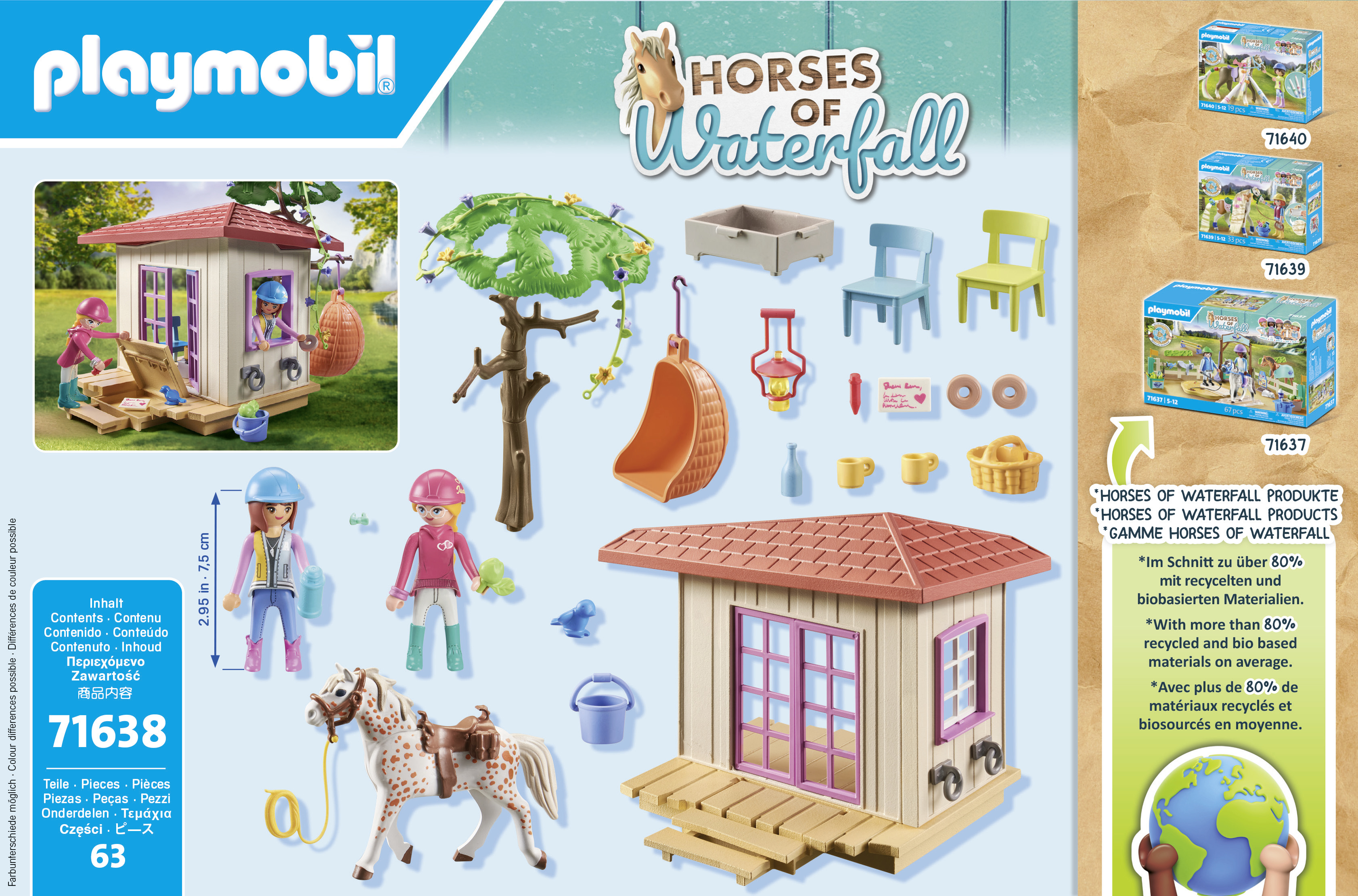 Scatola giocattolo Playmobil con figure e cavallo. Include accessori e una casa. Bianco.