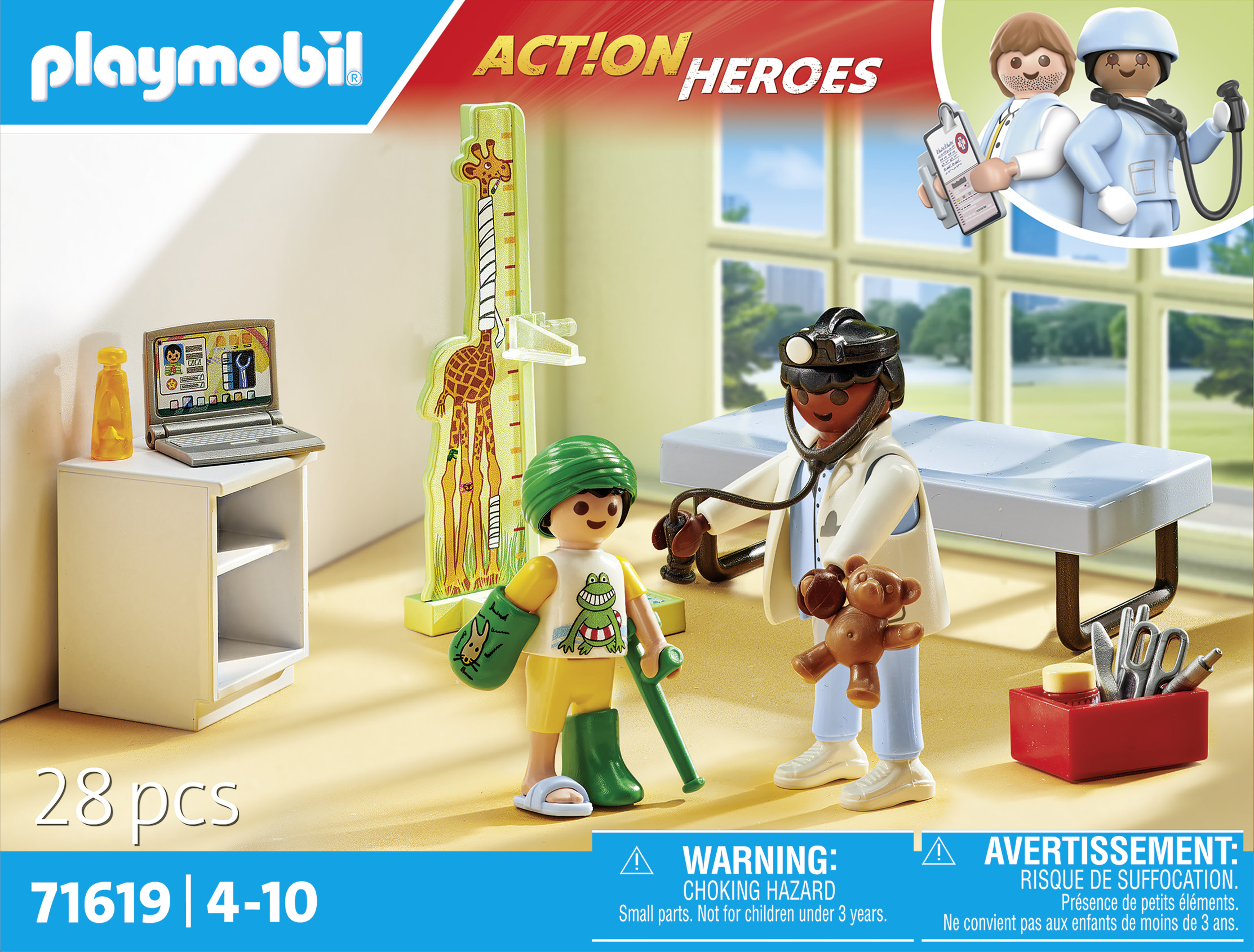 Zestaw Playmobil: lekarz i pacjent z różnymi narzędziami i akcesoriami medycznymi.