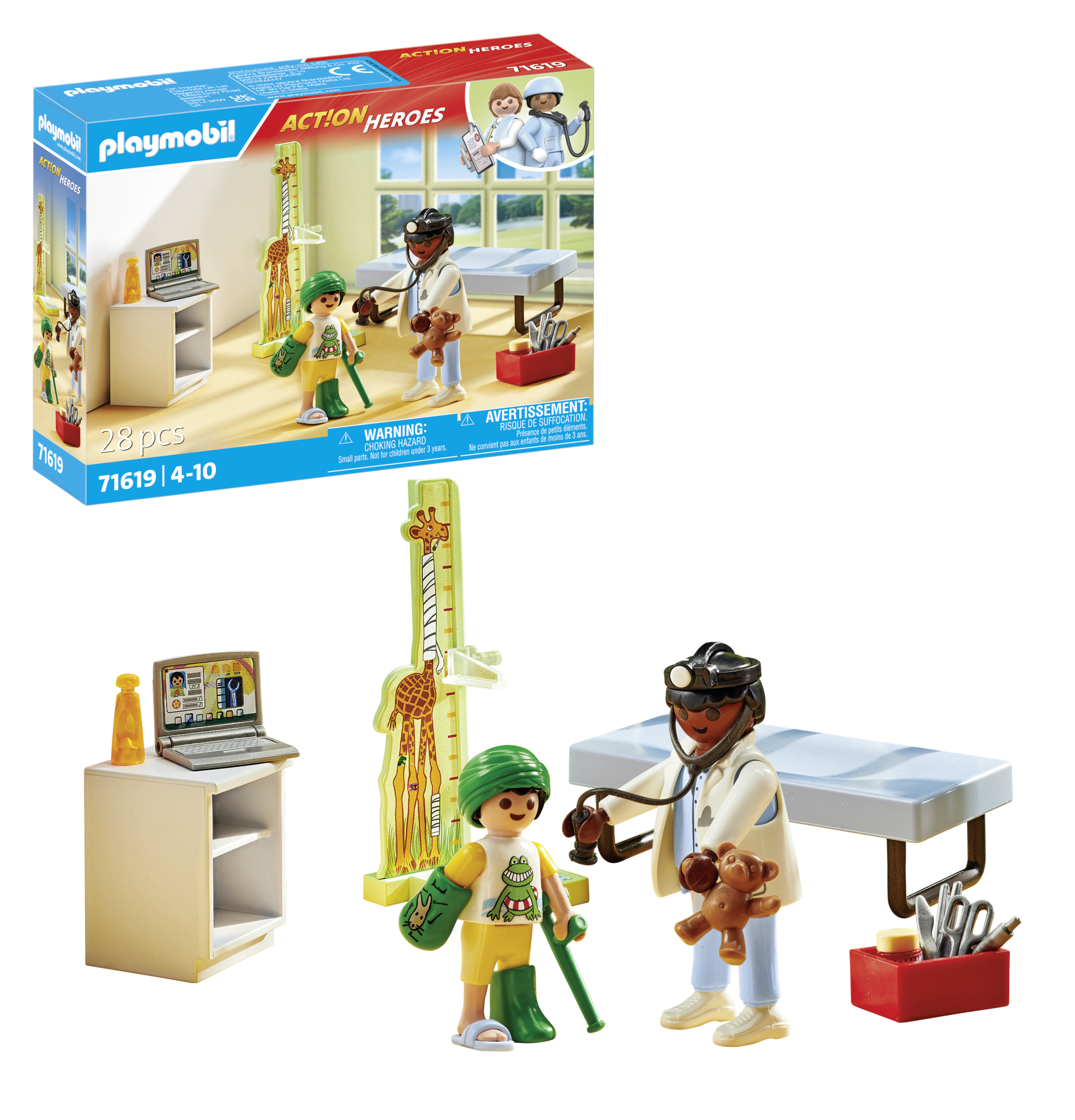 Zestaw lekarza Playmobil z figurkami i akcesoriami, w tym lekarzem, pacjentem i narzędziami medycznymi.