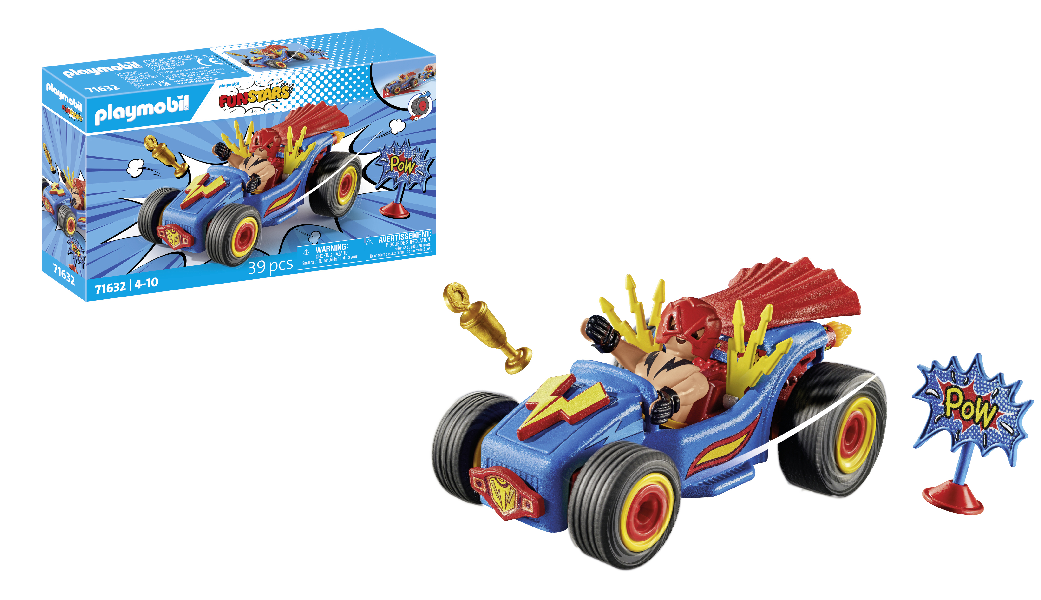 Macchina da corsa giocattolo Playmobil. Un corridore in costume è seduto in un'auto blu e rossa.