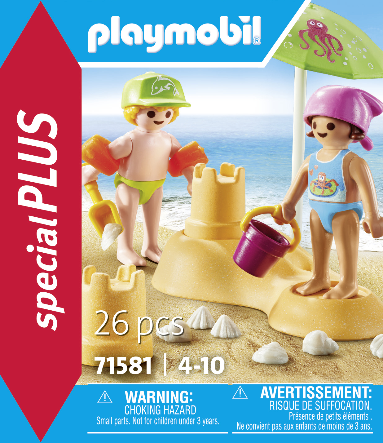 Playmobil-Set-Box mit Strandszene mit zwei Kinderfiguren, einer Sandburg und Strandzubehör.