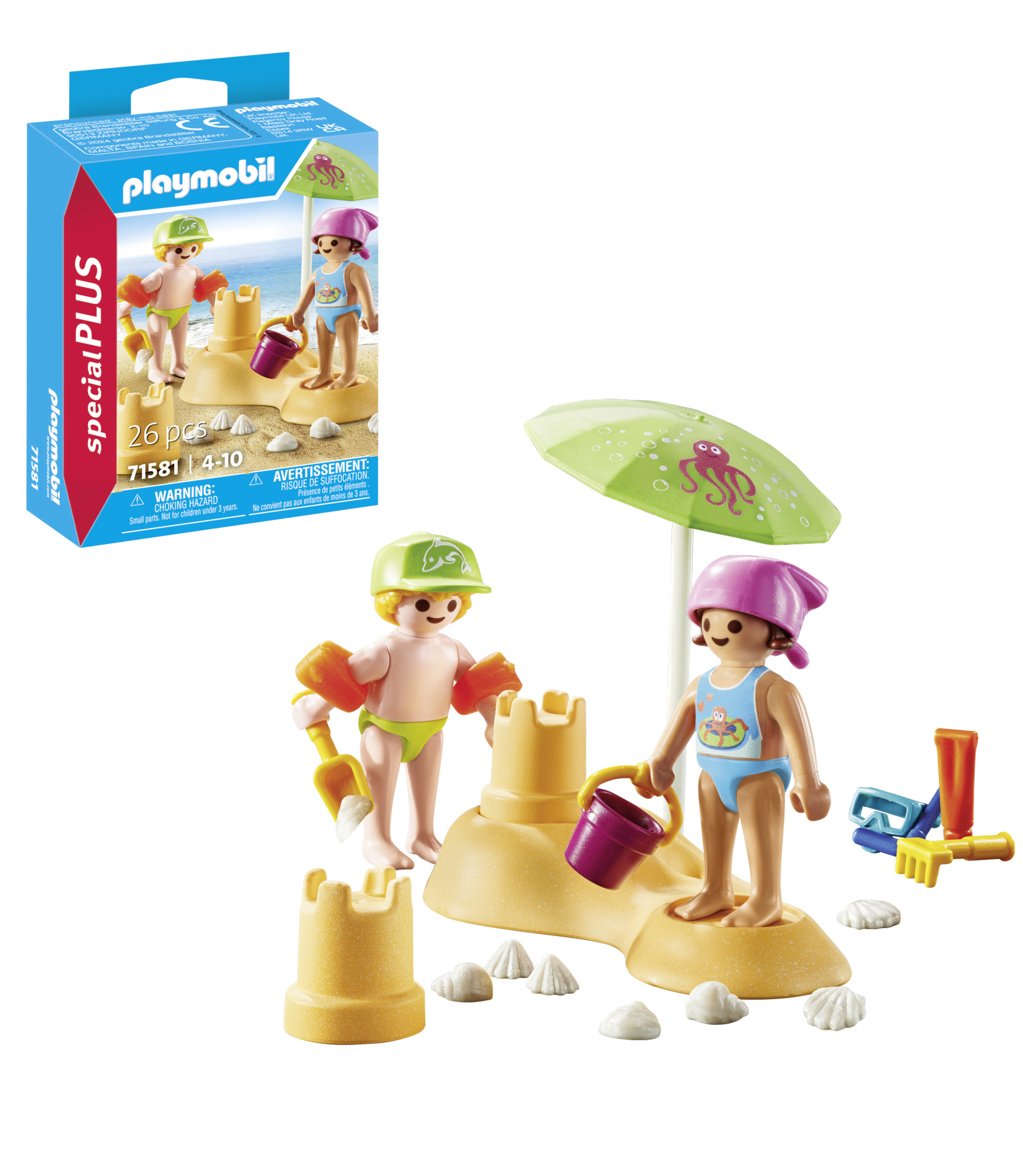 Playmobil-Spielset mit Kindern, die eine Sandburg mit Strandzubehör bauen.