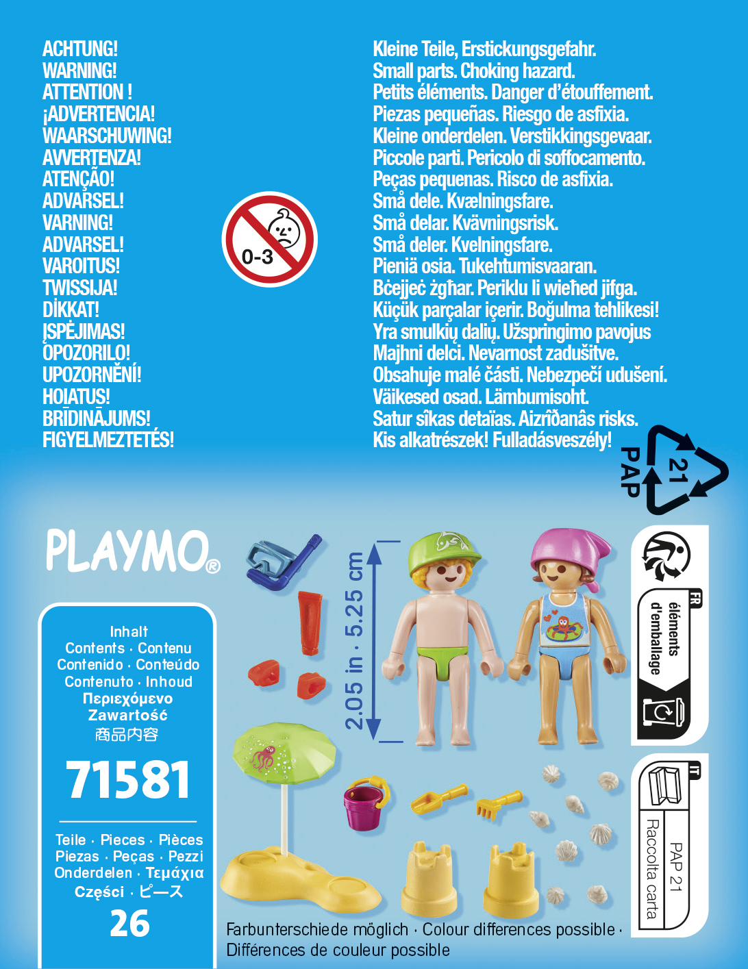 Kleine Spielfiguren mit Zubehör und Sicherheitshinweisen. Text in mehreren Sprachen.