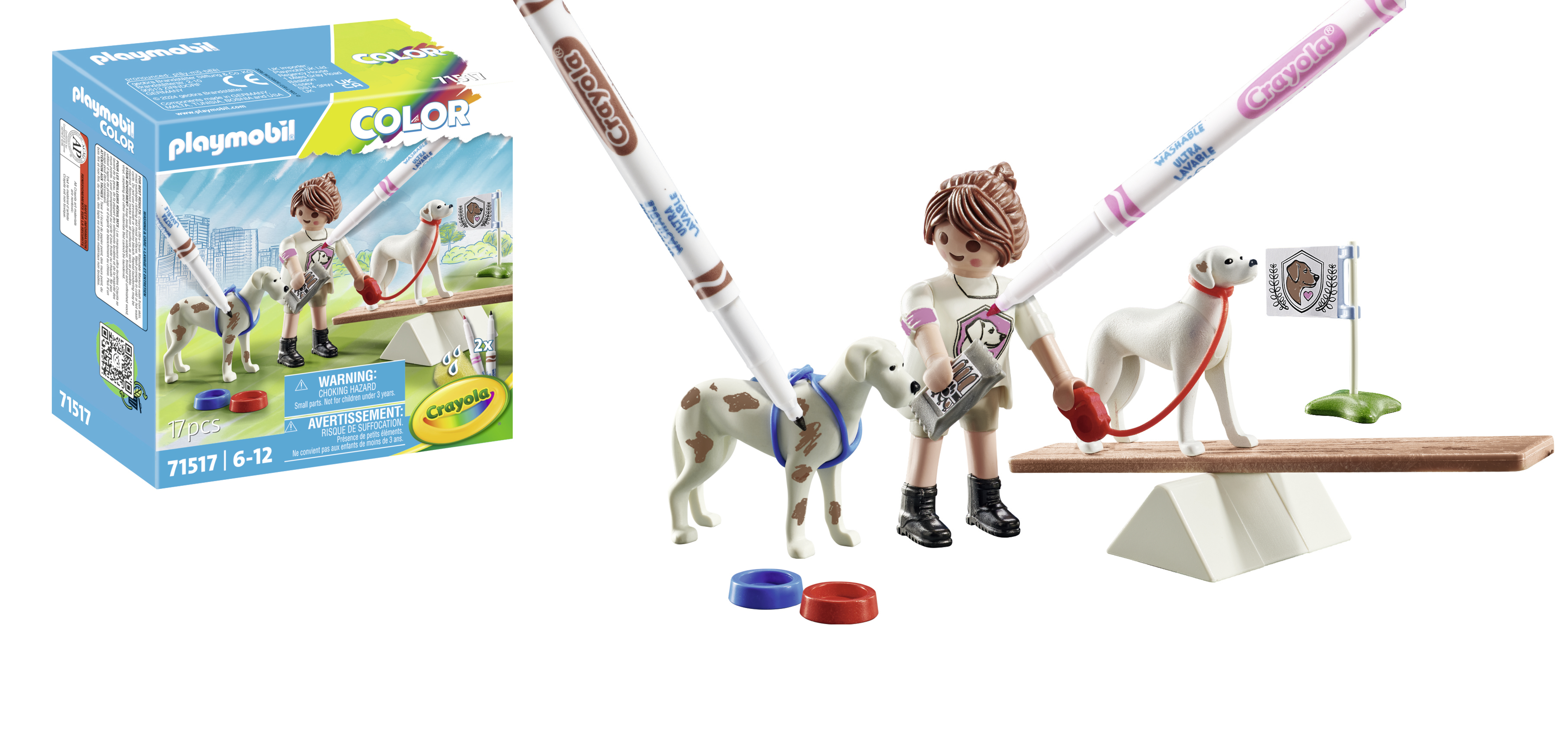 Marcadores Crayola dibujando perros y una niña jugando con perros. Un set Playmobil.