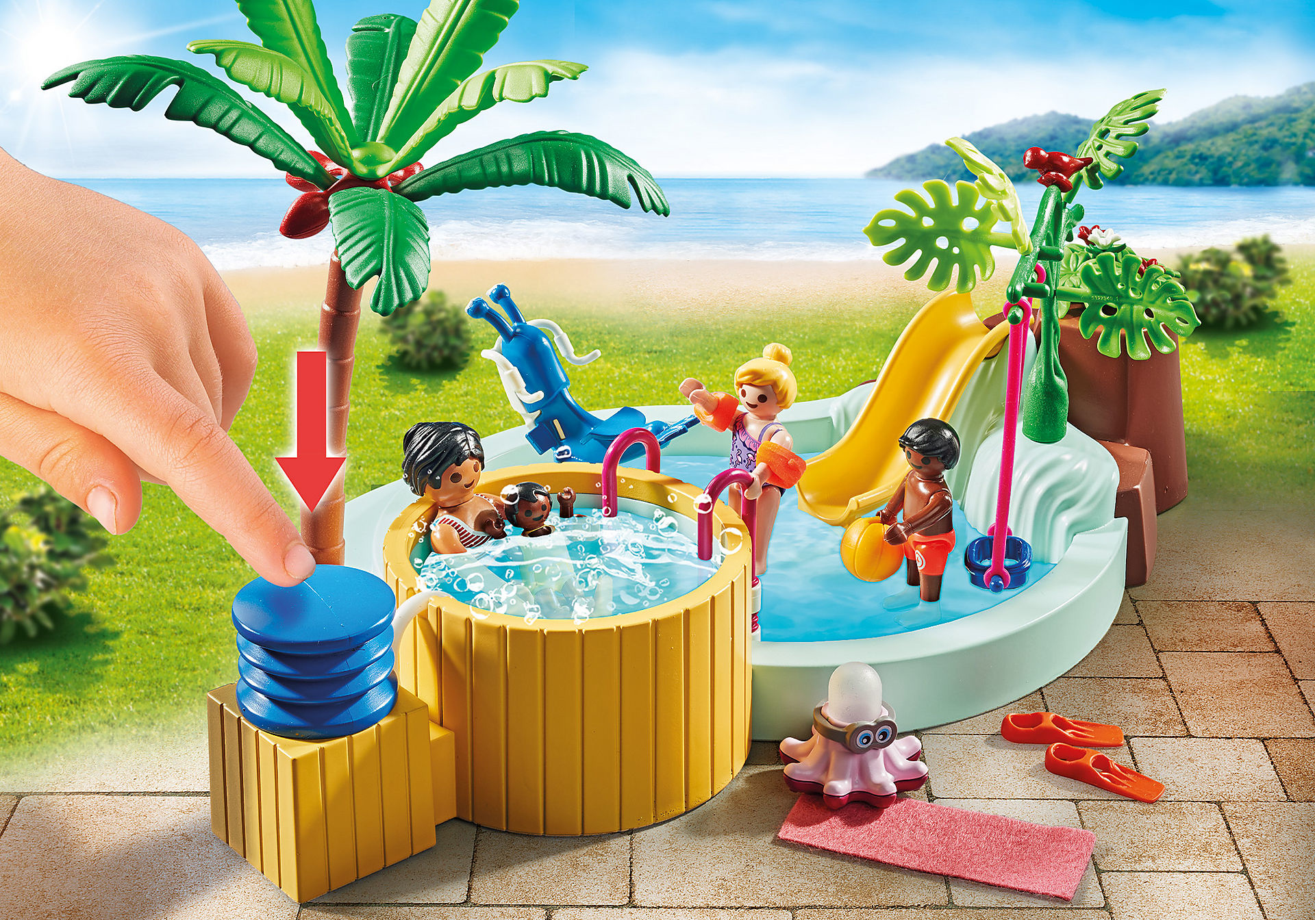 Escena de piscina de juguete con figuras y una mano señalando un botón azul.