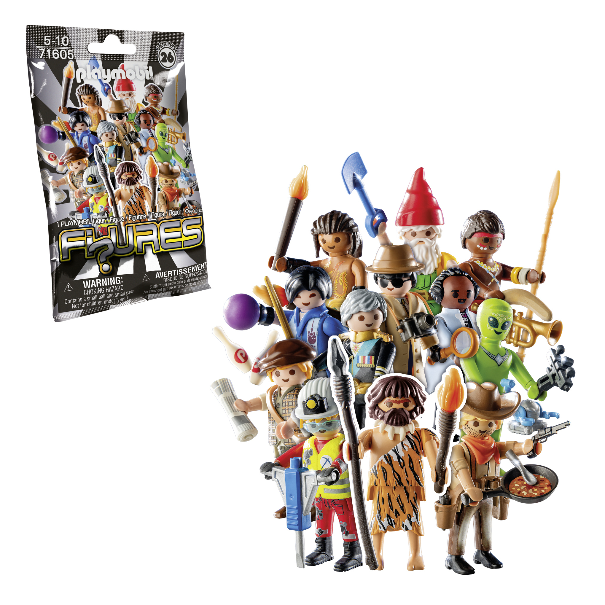 Un gruppo di personaggi Playmobil e un pacchetto di personaggi su sfondo bianco.