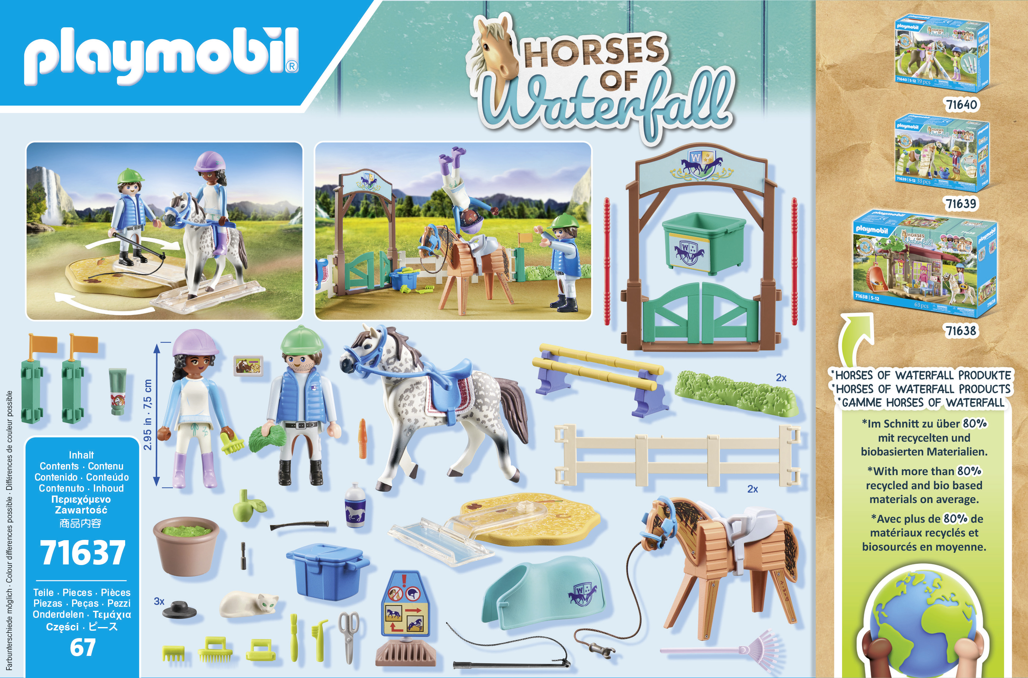 Scatola e set Playmobil con cavalli, personaggi e accessori, a tema cascata.