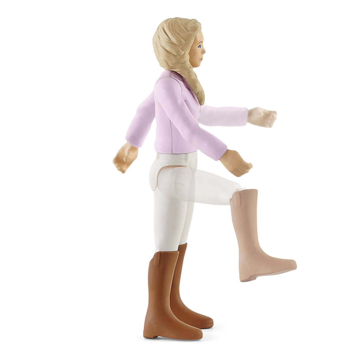 Eine Spielzeugfigur einer Frau in Reitkleidung beim Gehen. Sie trägt eine rosa Jacke und braune Stiefel.