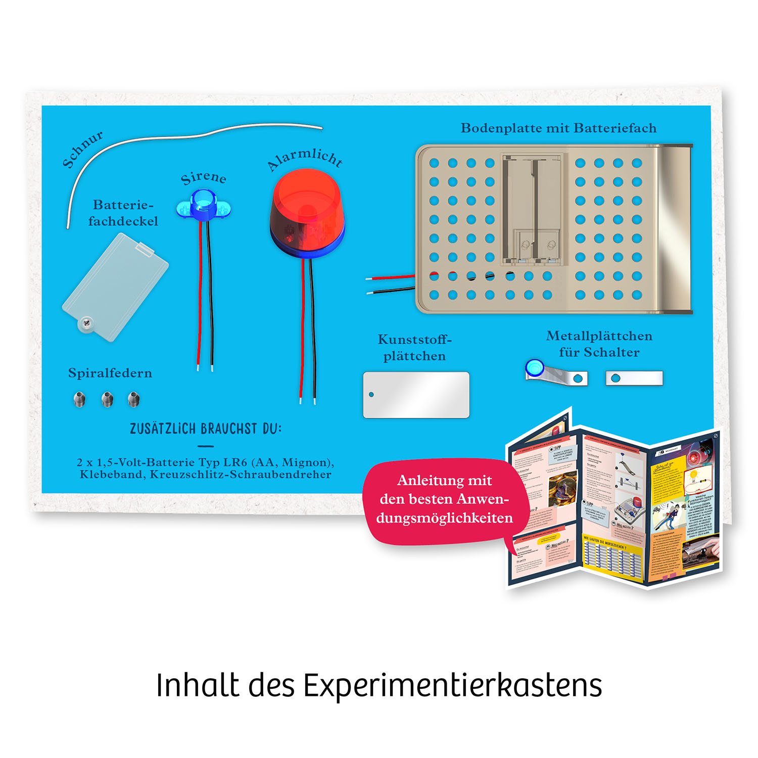 Komponenten eines Experimentierkits werden gezeigt, darunter eine Sirene und Lichter.