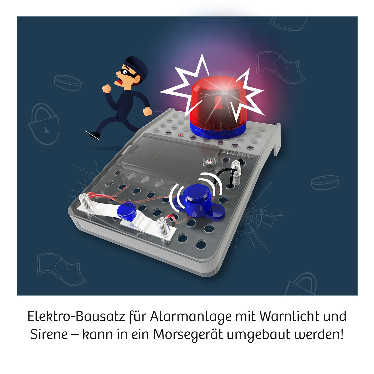 Ein Einbrecher flieht vor einer Spielzeug-Alarmanlage mit blinkendem rotem Licht und Sirene.