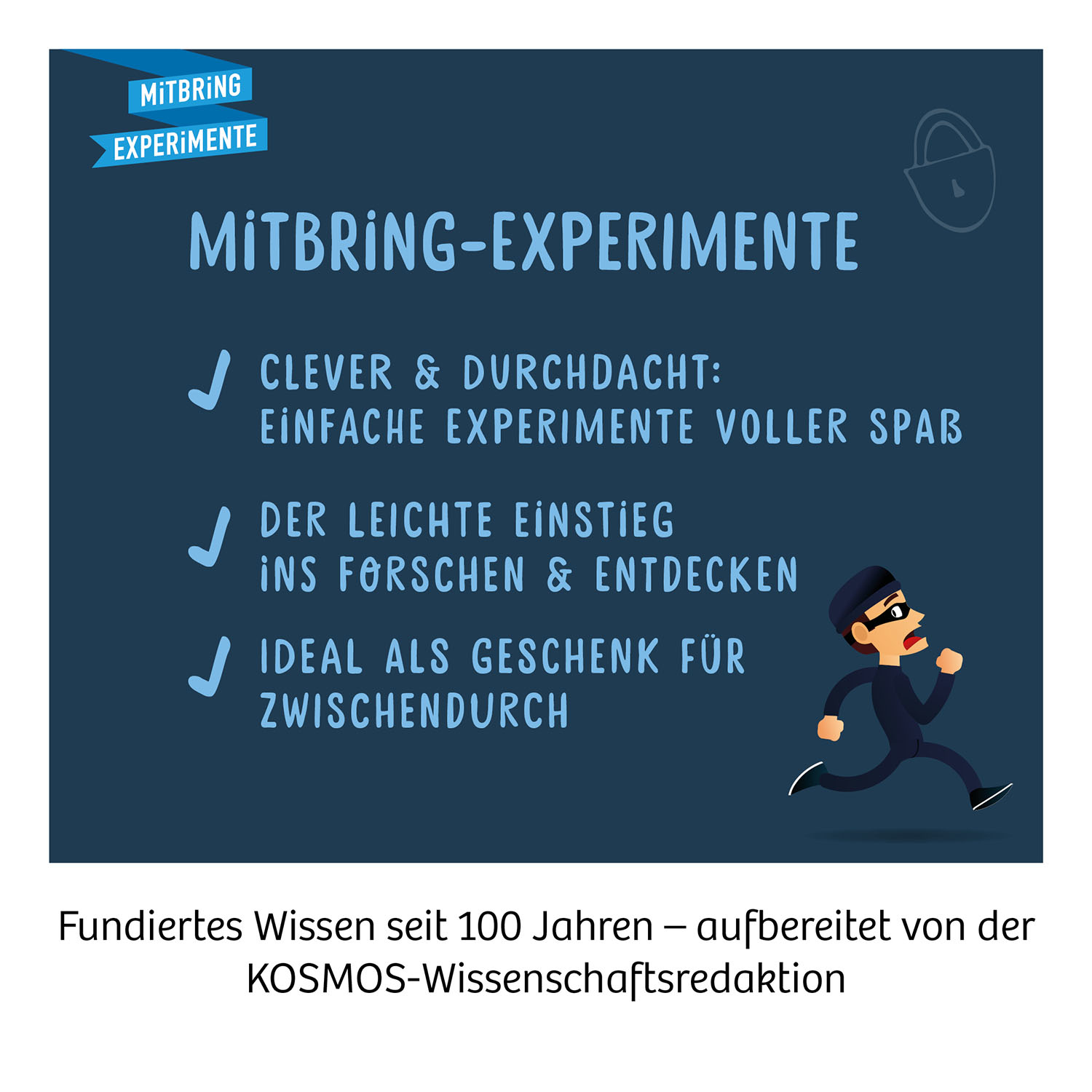 Ein blauer Hintergrund mit Text über Experimente und einer Karikatur eines laufenden Diebes. Häkchen sind sichtbar.
