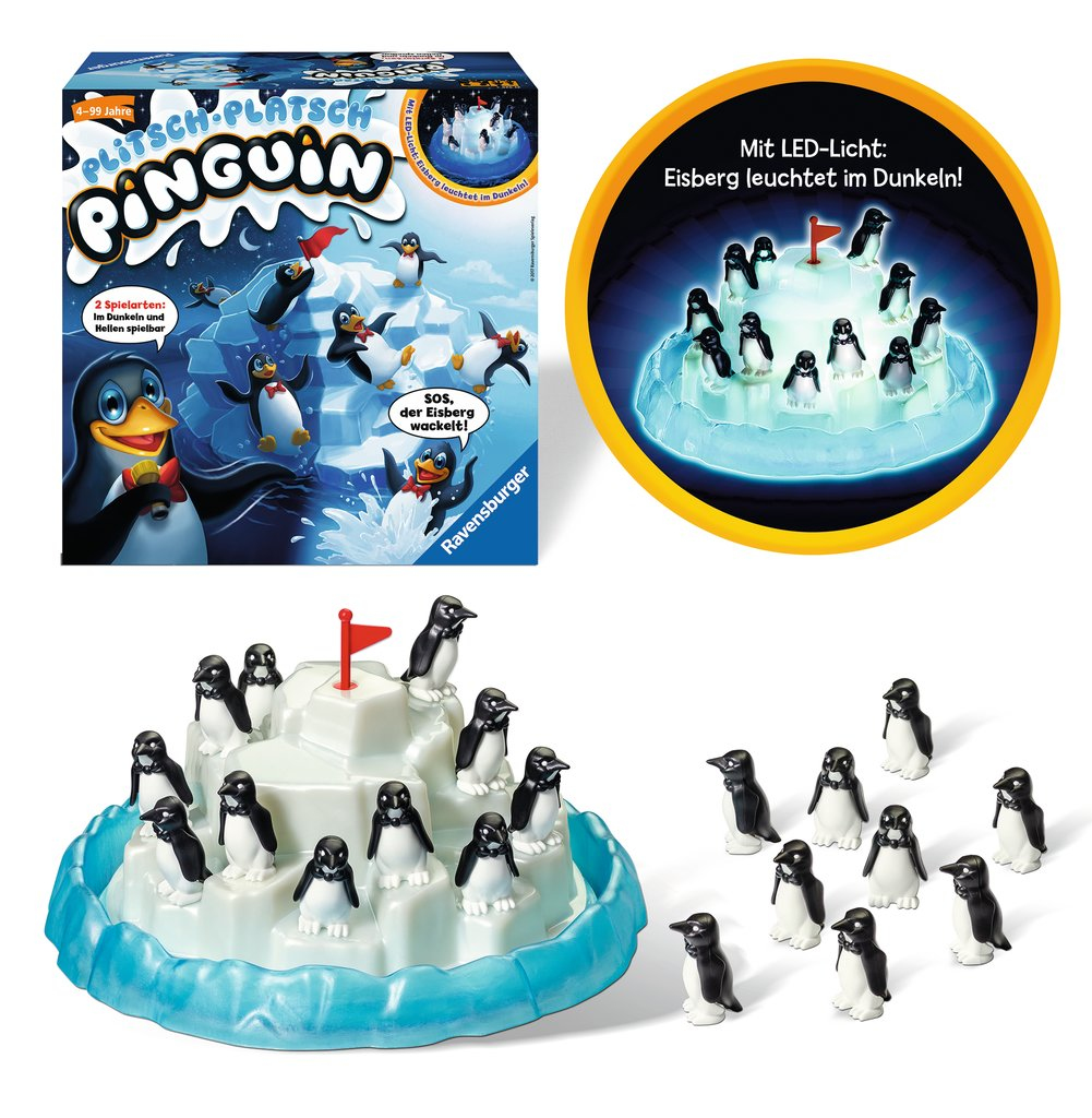 Ein Pinguin-Brettspiel mit Pinguinen auf einem Eisberg und einer beleuchteten Eisberg-Anzeige.