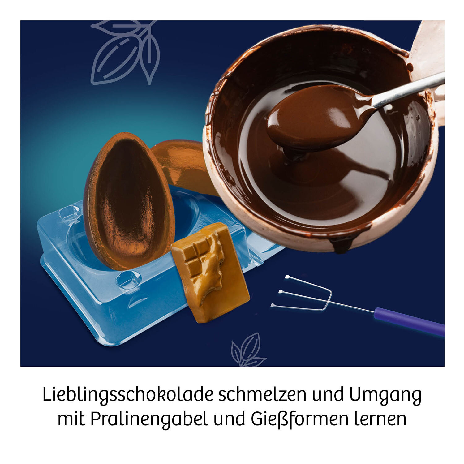 Ein Schokoladenschmelz-Set mit Schokolade, Formen und Utensilien auf dunklem Hintergrund.