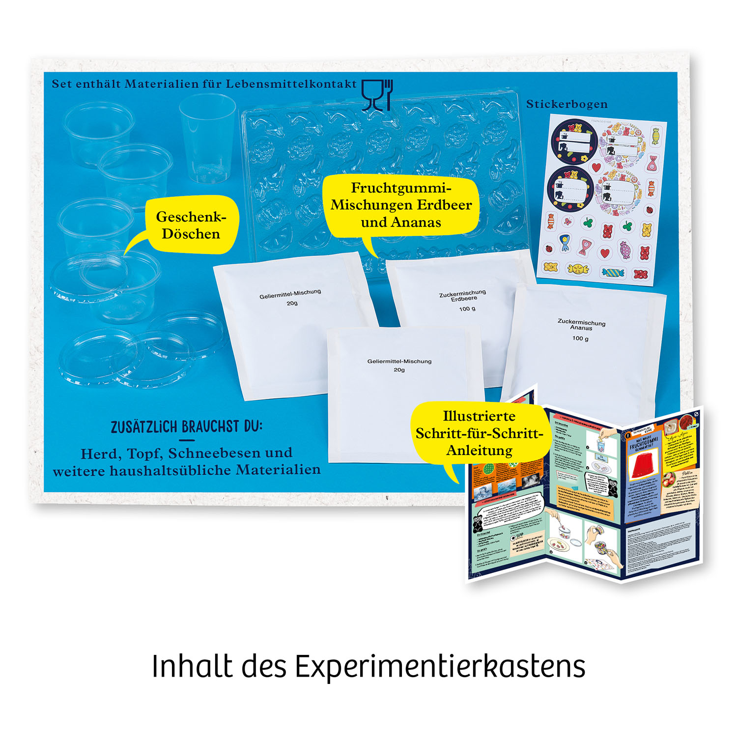 Ein Set mit Zutaten für die Herstellung von Süßigkeiten. Enthält Becher, Gummimischung und Anleitung.