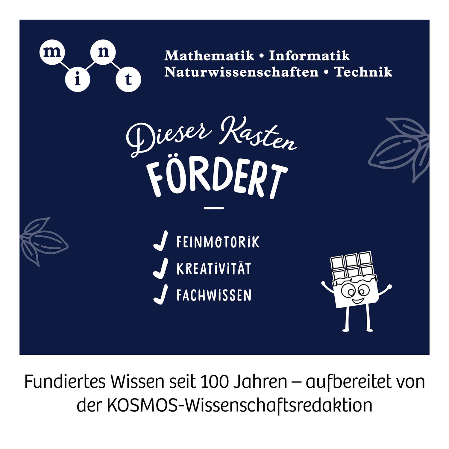 Blauer Hintergrund mit Text, Logos und einem lächelnden Schokoriegel-Charakter. Fördert Feinmotorik, Kreativität und Wissen.