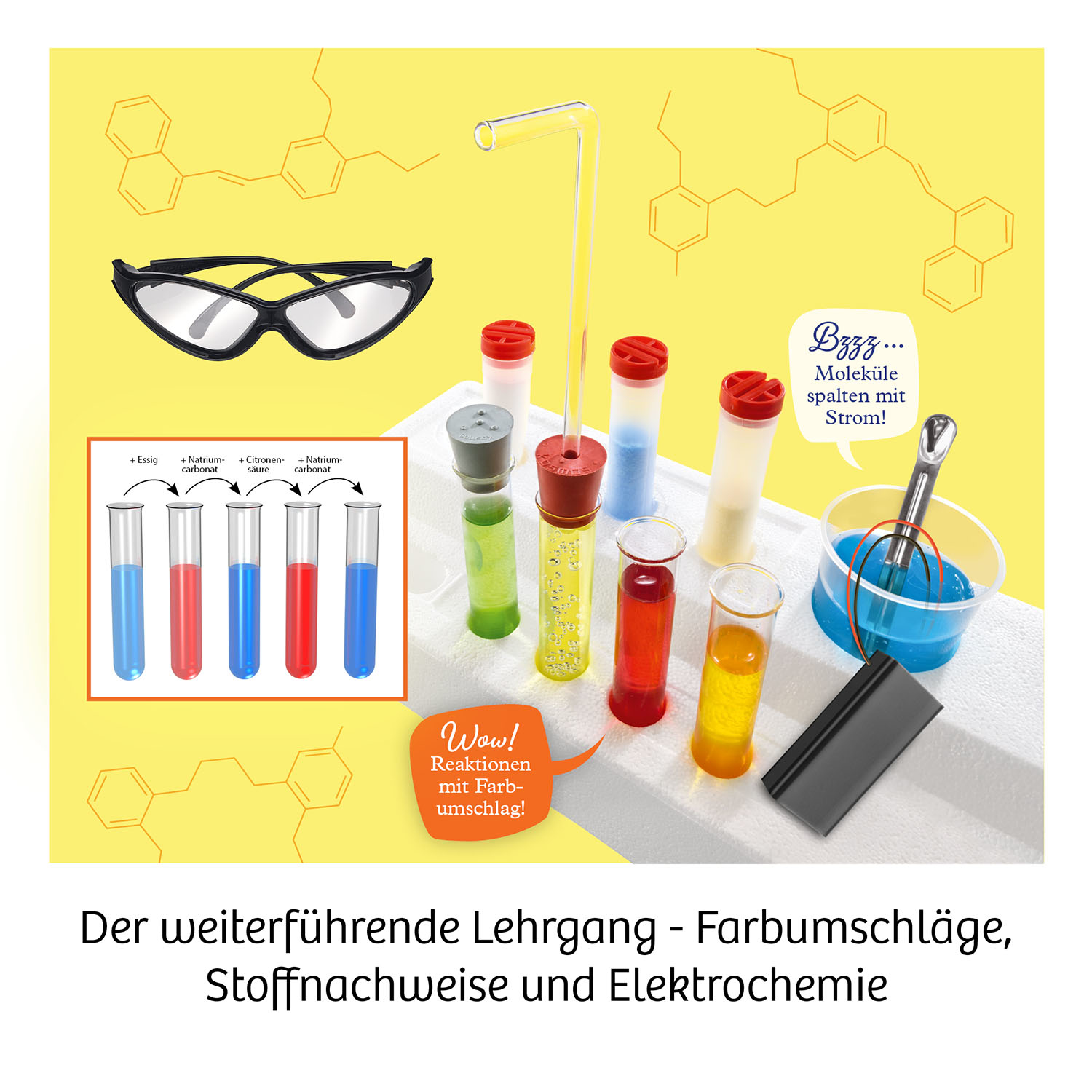 Un allestimento sperimentale scientifico con provette e becher, occhiali e sfondo colorato.