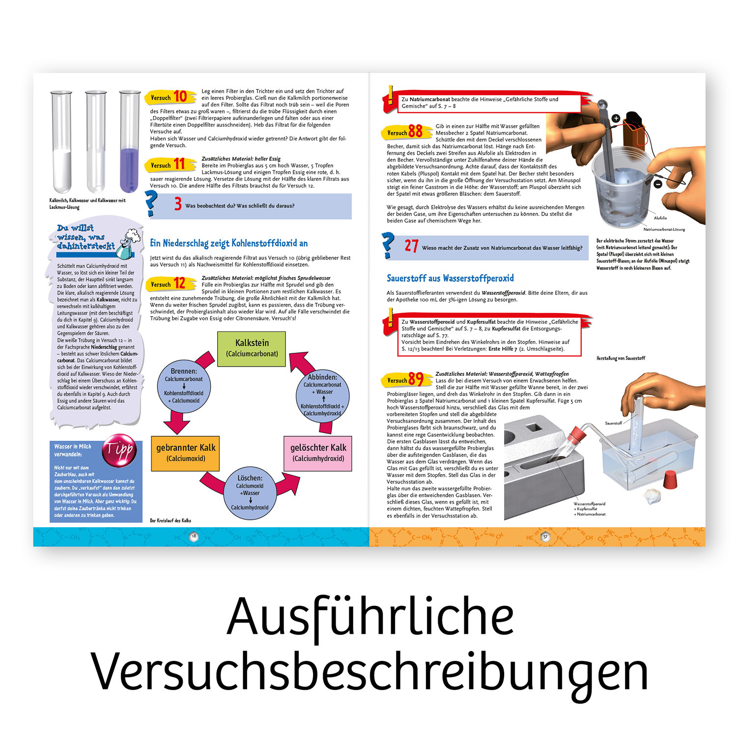 Poster educativo con esperimenti scientifici, test di liquidi e sostanze chimiche. Testo in tedesco.