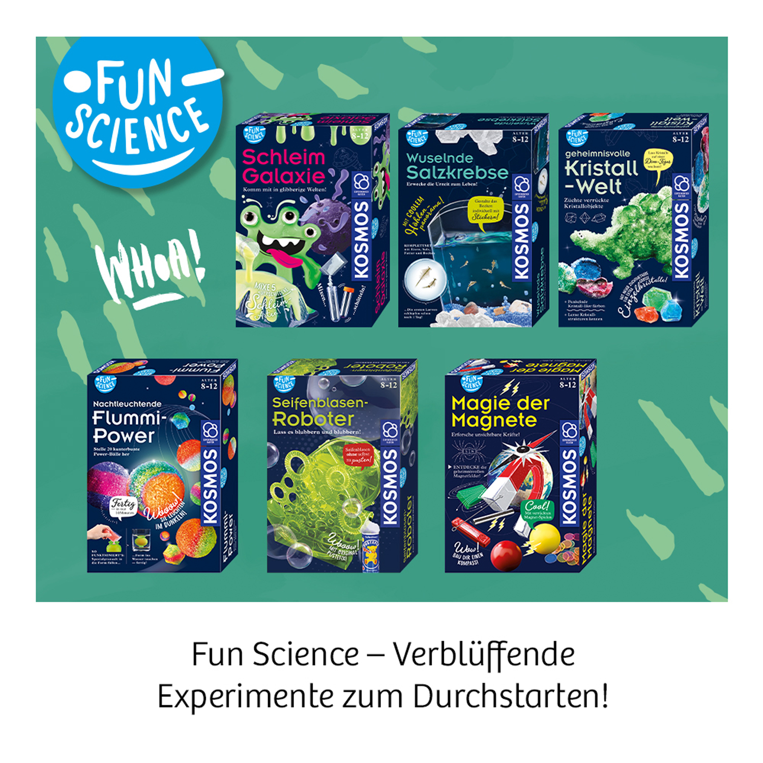 Eine Sammlung von Fun Science Experimentier-Kits mit bunten Boxen.