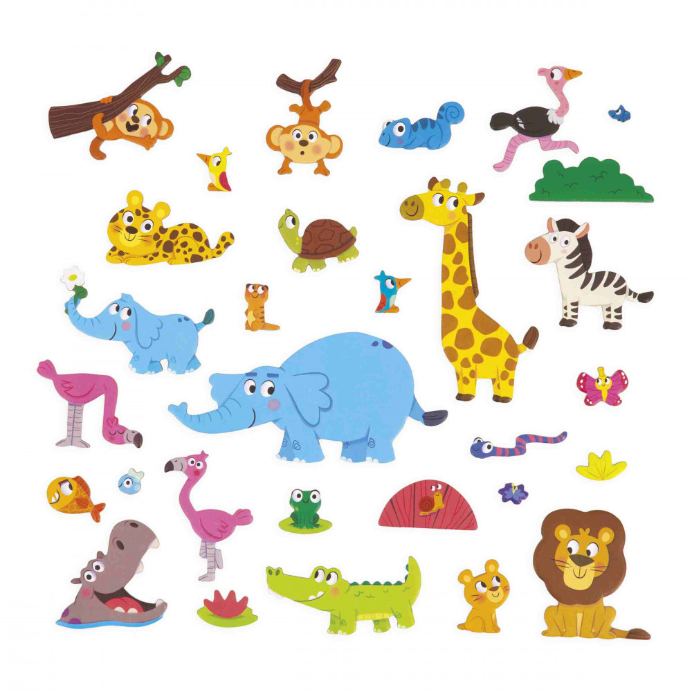 Una collezione di animali della giungla a cartoni animati, tra cui scimmie, elefanti, giraffa, leone e zebra.