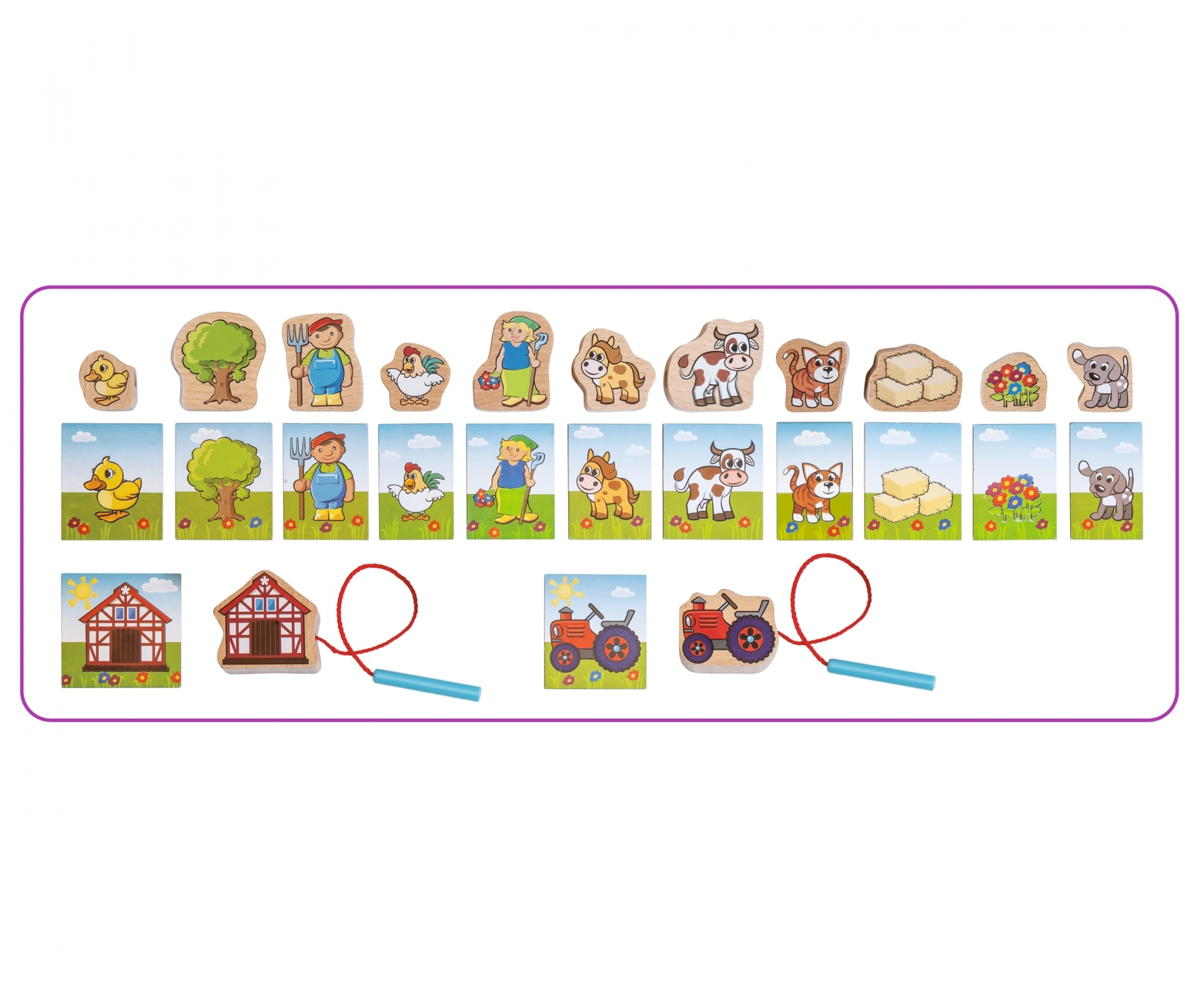 Ein Holzpuzzleset mit Bauernhoftieren und Figuren. Enthält eine Ente, einen Bauern, eine Kuh und mehr.