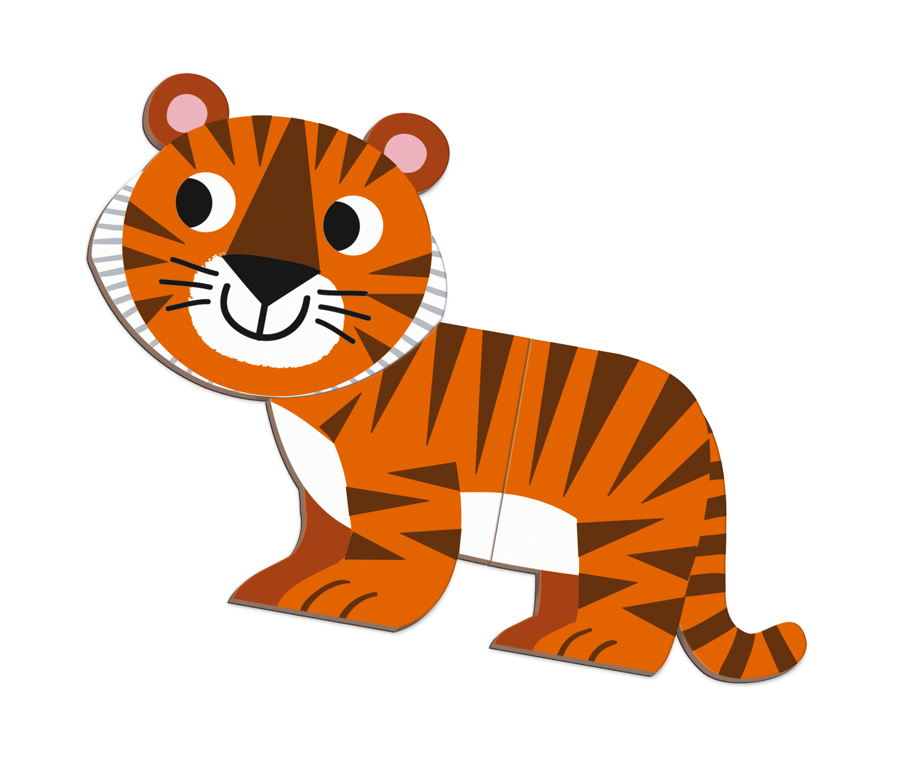 Ein orangefarbener Tiger mit braunen Streifen, der auf allen Vieren steht.