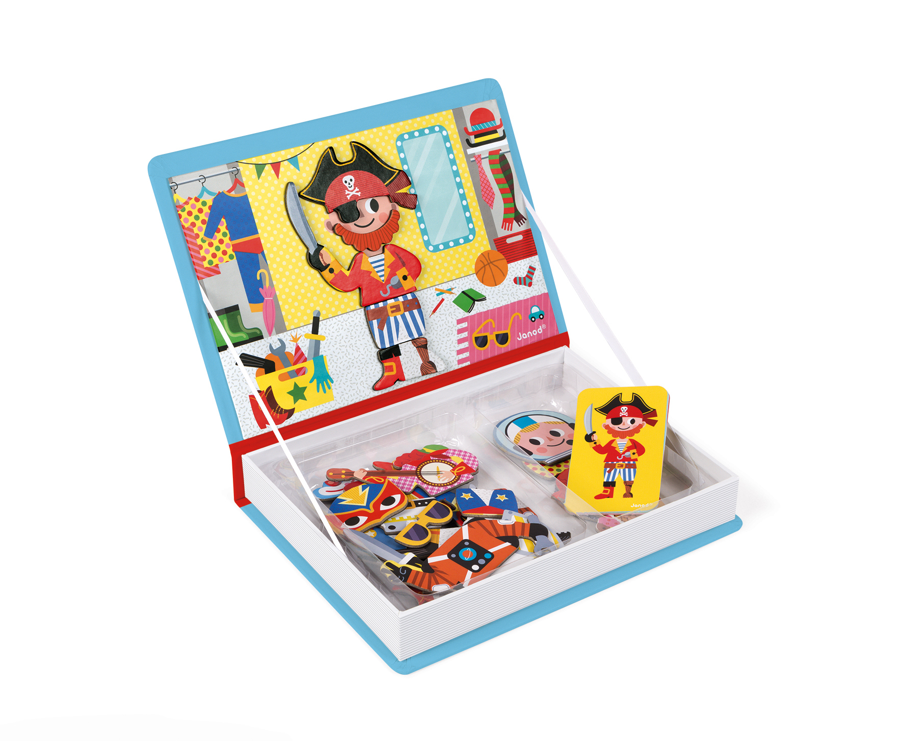 Set gioco di travestimento da pirata con molti pezzi, un pirata con spada e accessori.