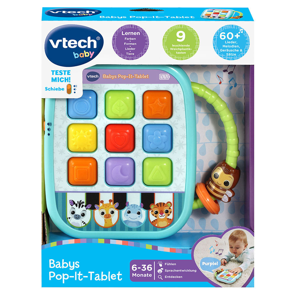 Ein Babyspielzeug mit bunten Knöpfen. Es hat einen Griff und eine Biene. Ein Baby spielt mit einem ähnlichen Spielzeug.