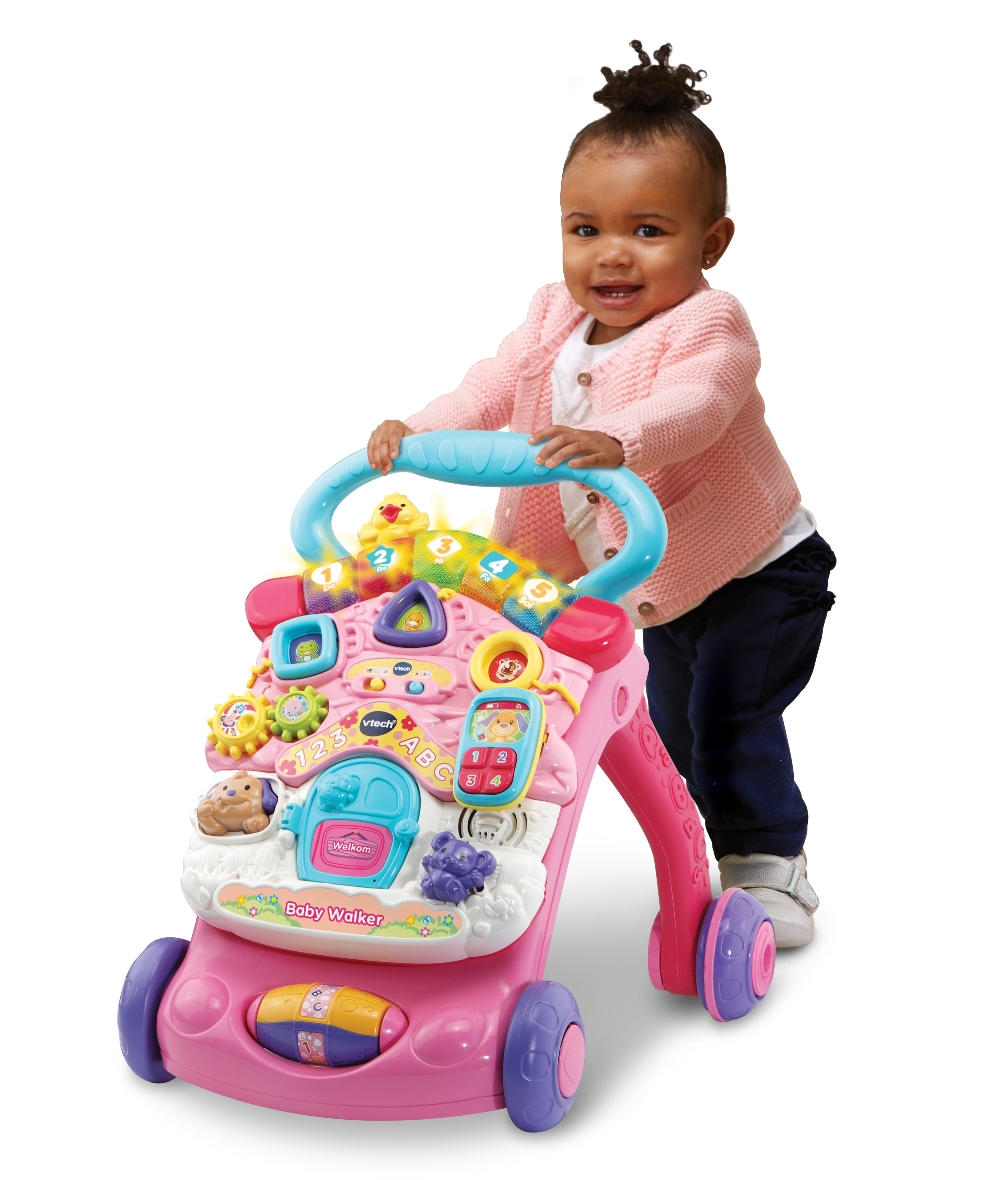 Baby benutzt einen rosa Baby-Walker mit Spielzeug und Knöpfen.