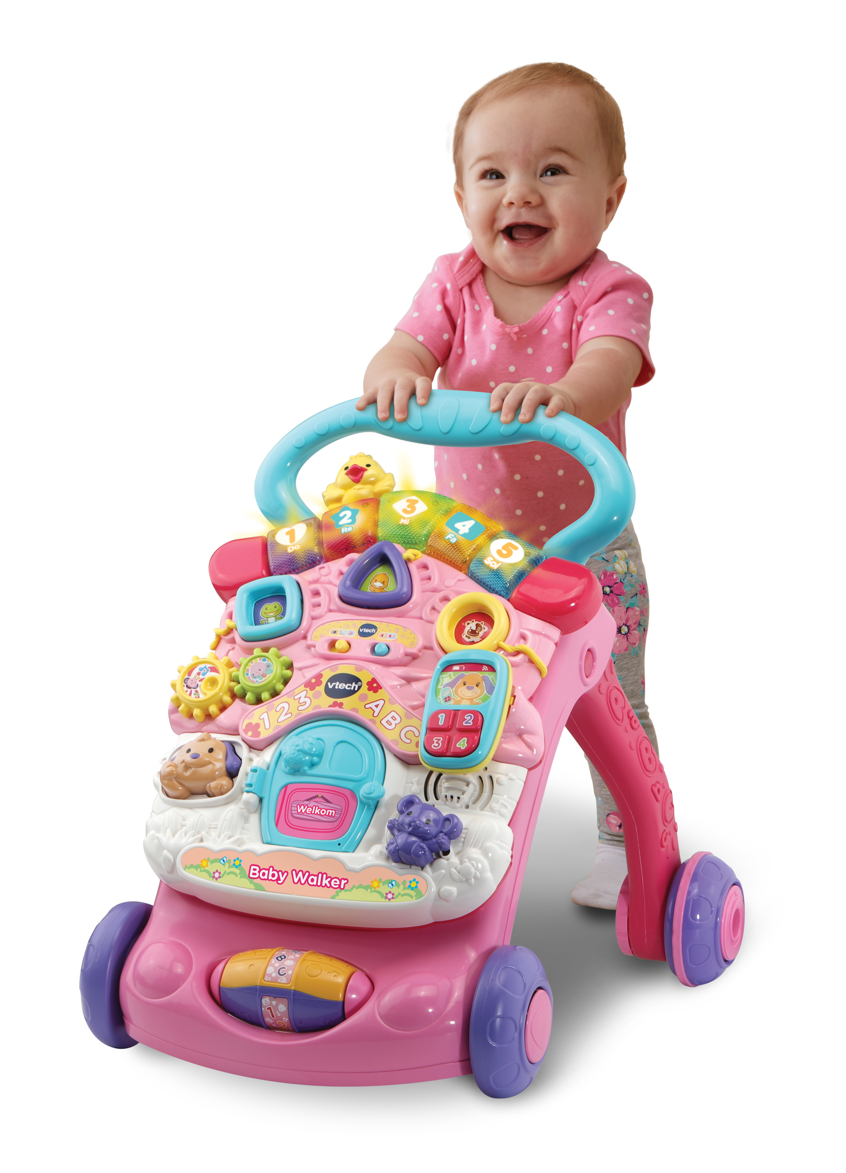 Ein Baby in einem rosa Hemd spielt mit einem rosa und blauen Baby-Walker.