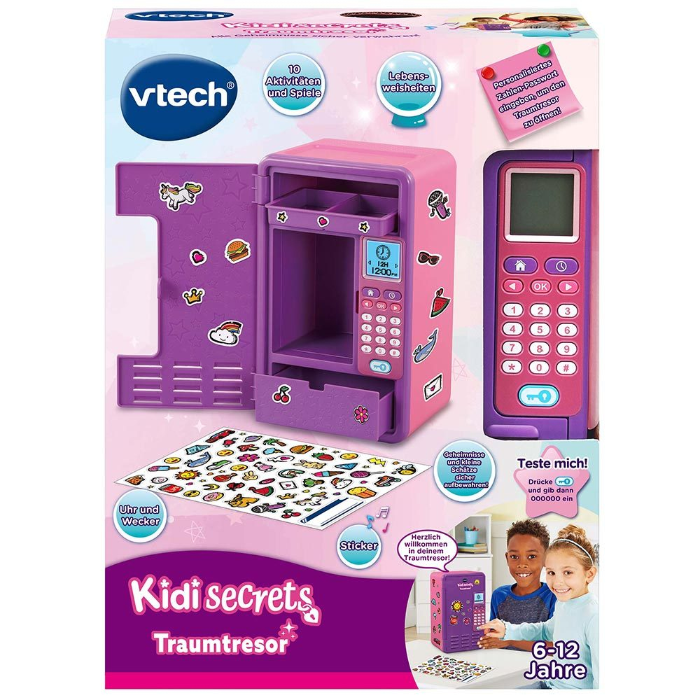 Rosa und violetter Spielzeugtresor mit Aufklebern. Gesichter von Kindern unten. Weißer Hintergrund.
