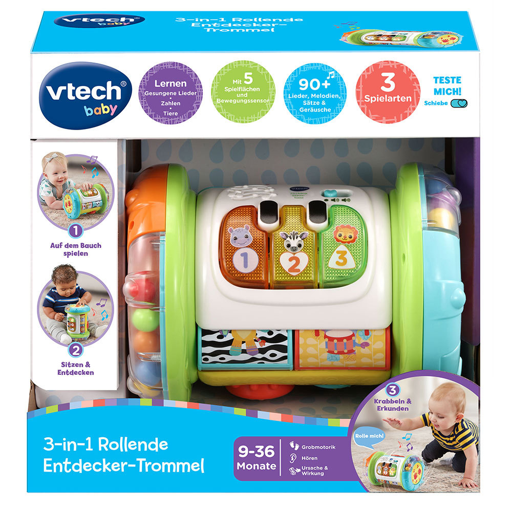 Ein Spielzeug für Babys. Es hat eine bunte Trommelform mit Knöpfen und interaktiven Elementen.