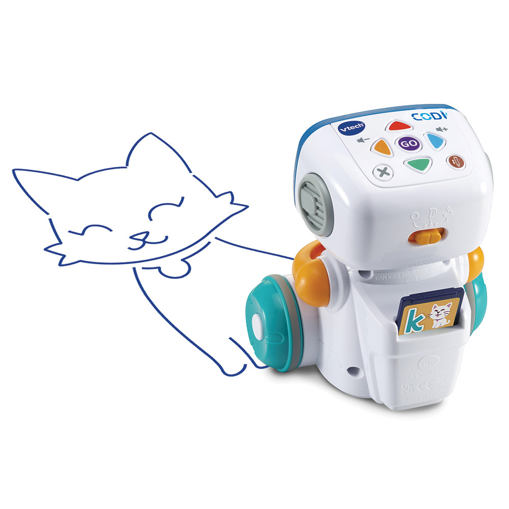 Ein weißes Roboterspielzeug mit einer gezeichneten Katze auf weißem Hintergrund.
