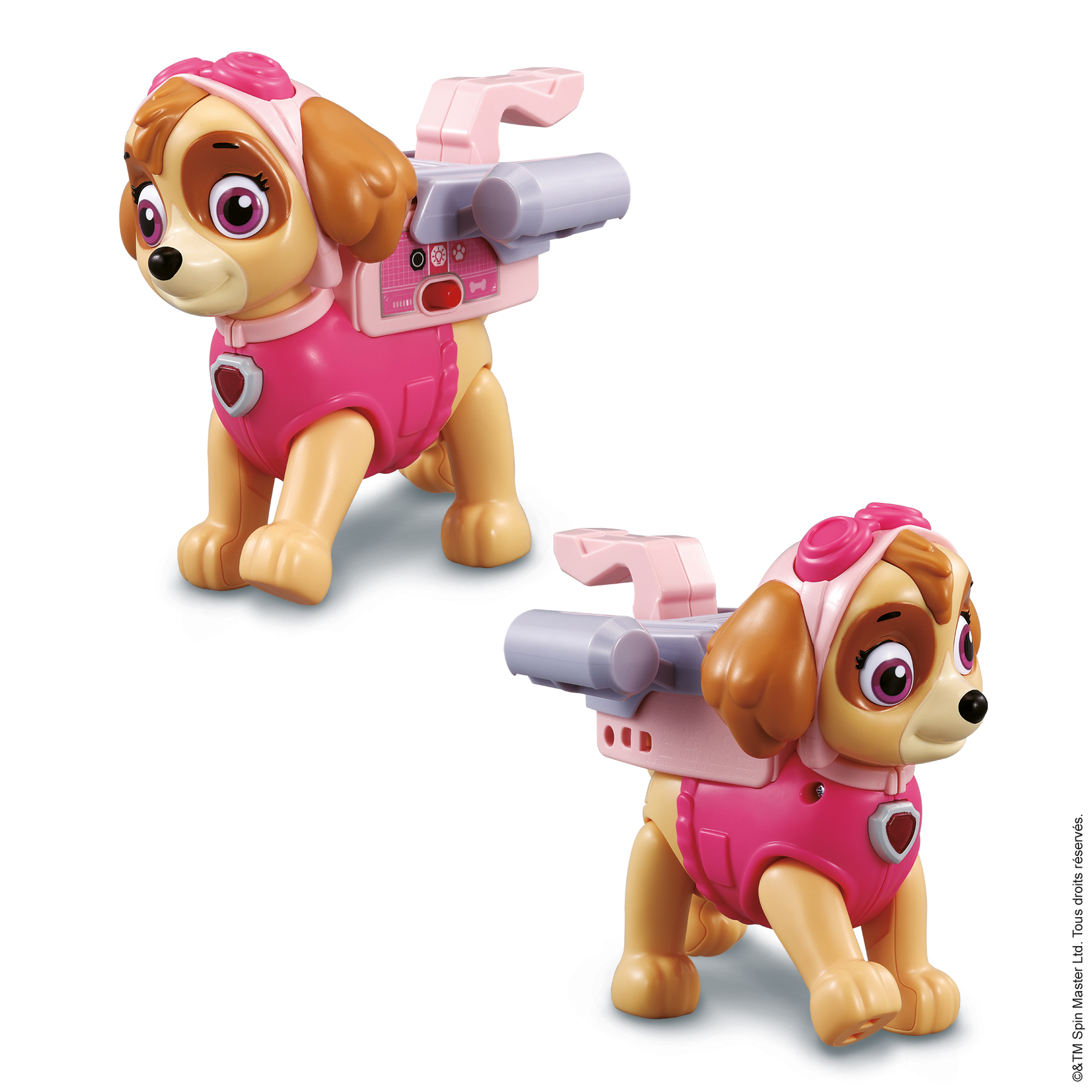 Zwei Skye-Figuren von PAW Patrol, in rosa Uniformen und Flugrucksäcken.