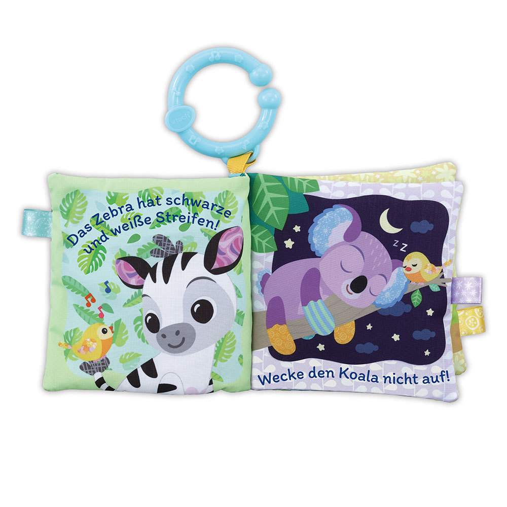 Ein Babybuch mit Zebra- und Koala-Illustrationen.