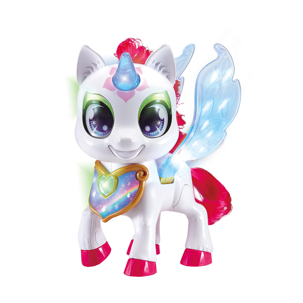 Ein weißes Einhorn-Spielzeug mit rosa Mähne, blauen leuchtenden Flügeln, einem blauen Horn und einem bunten Brustschild.