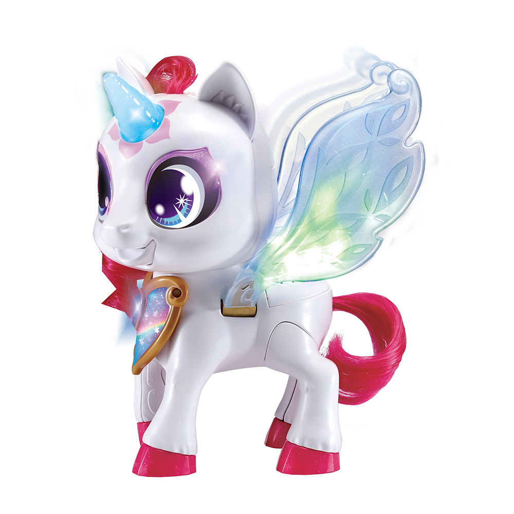 Ein weißes Einhorn-Spielzeug mit leuchtenden Flügeln, blauem Horn und pinker Mähne vor weißem Hintergrund.