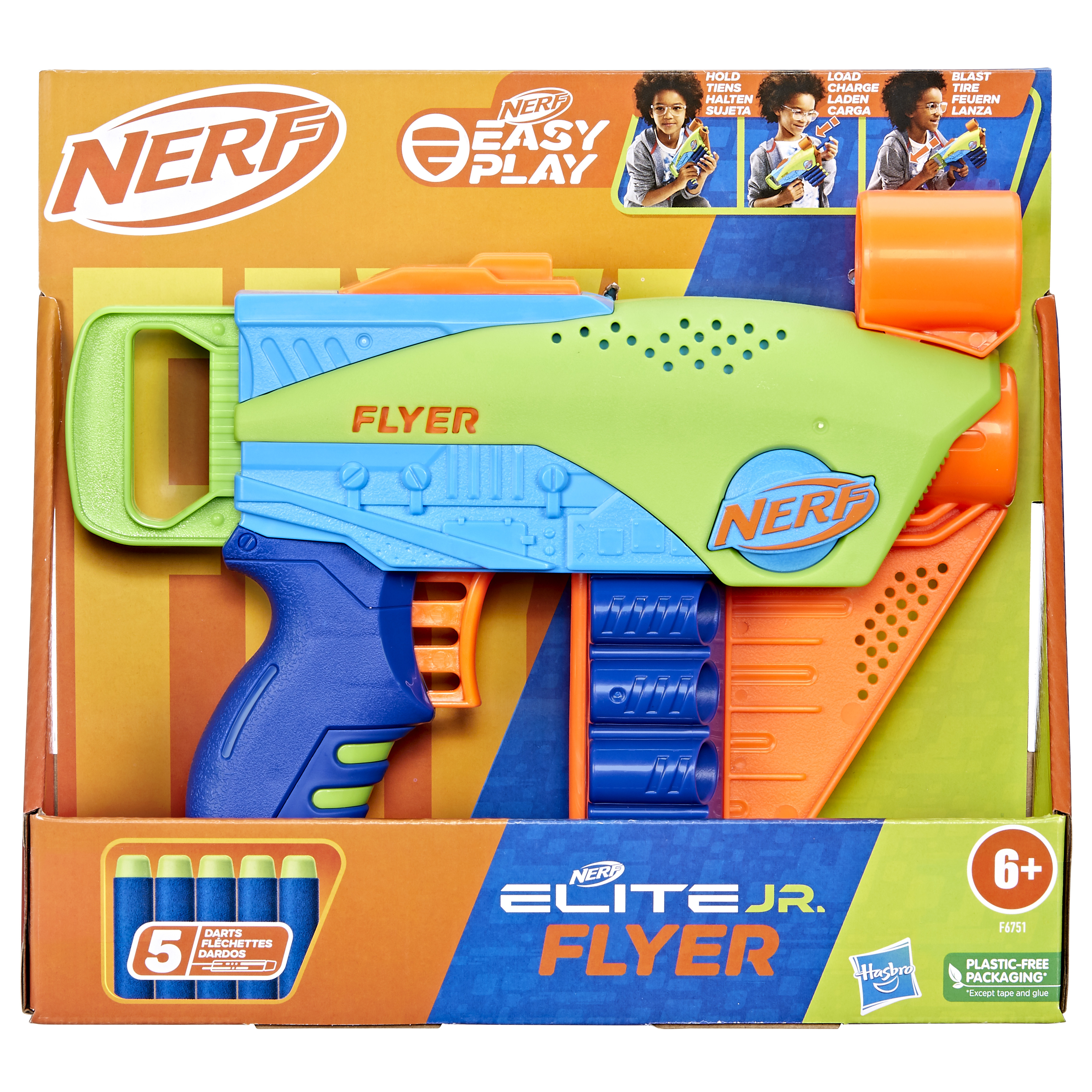 Nerf-Gewehr in einer Box mit blauen, grünen und orangen Farben. Enthält Kugeln und Text.