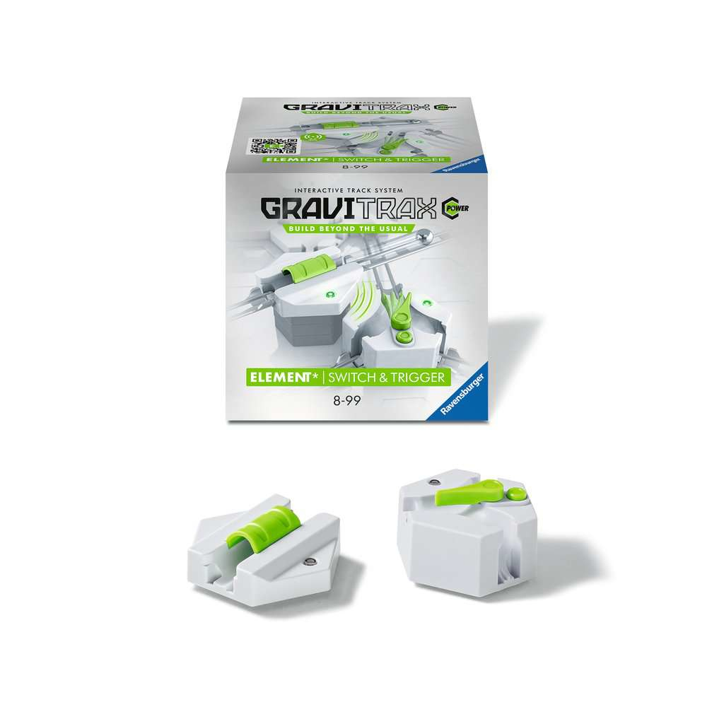 Une boîte Gravitrax blanche et verte, avec des composants de piste et un graphique du système de piste Gravitrax.