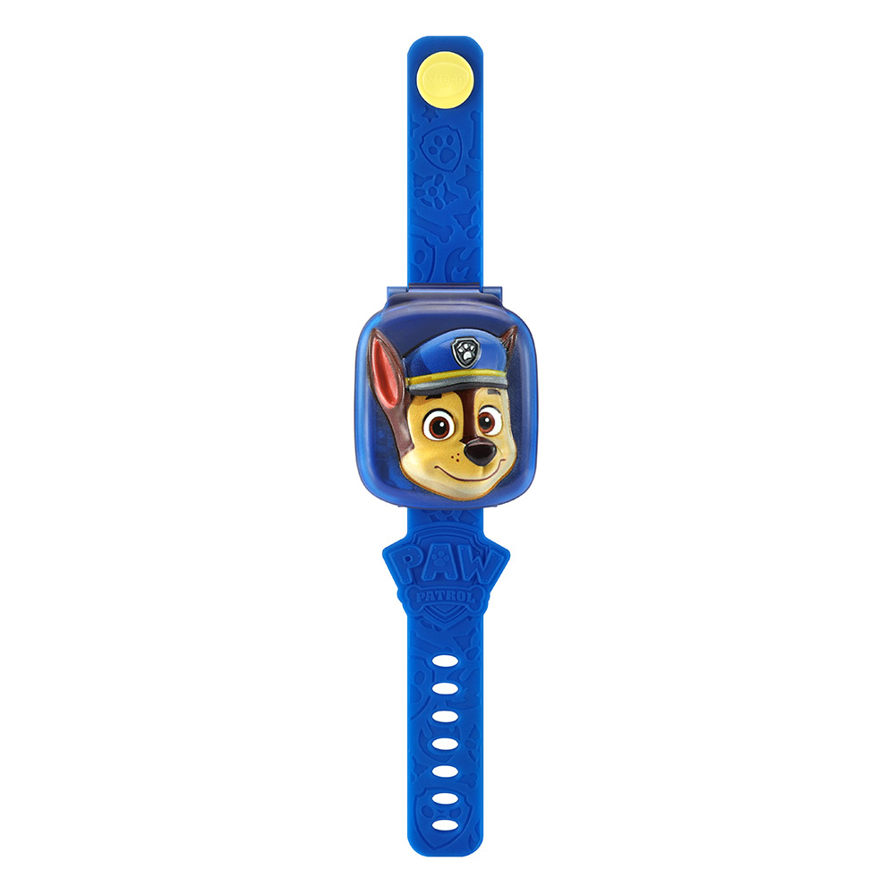 Eine blaue Paw Patrol-Uhr mit Chases Gesicht. Sie hat ein blaues Armband mit Schnalle und Designdetails.