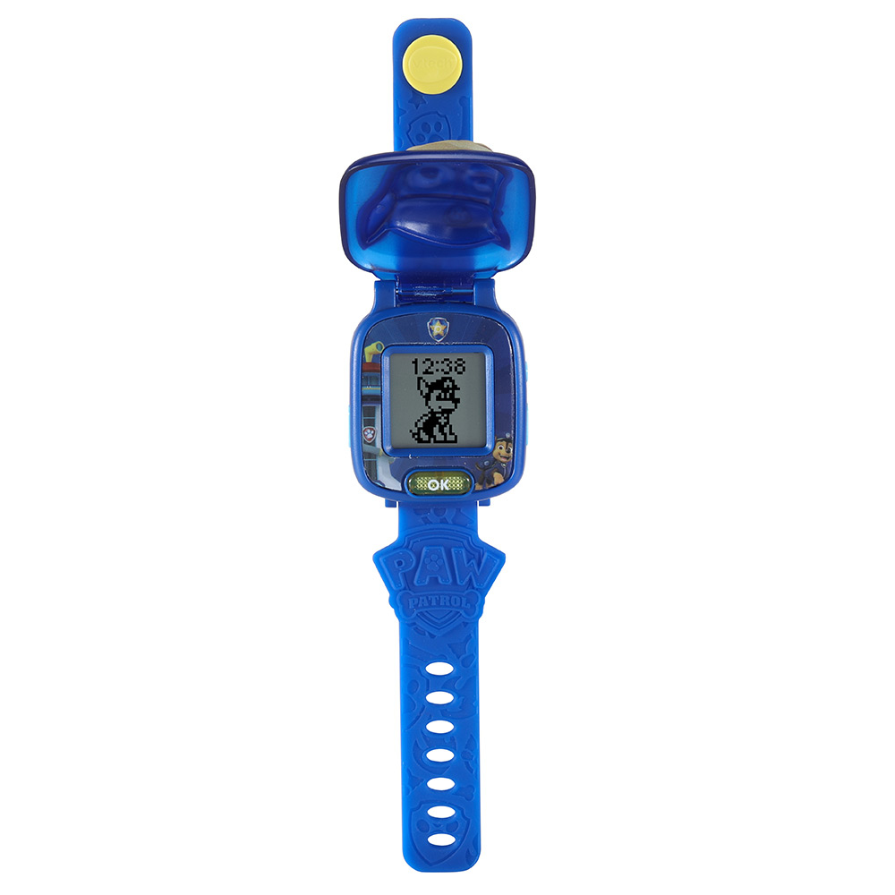 Eine blaue Paw Patrol Uhr zeigt die Zeit. Mit Bildschirm und blauem Armband.