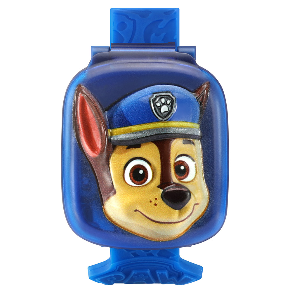 Blaue Paw Patrol Spielzeuguhr mit Chase's Gesicht auf der Vorderseite.