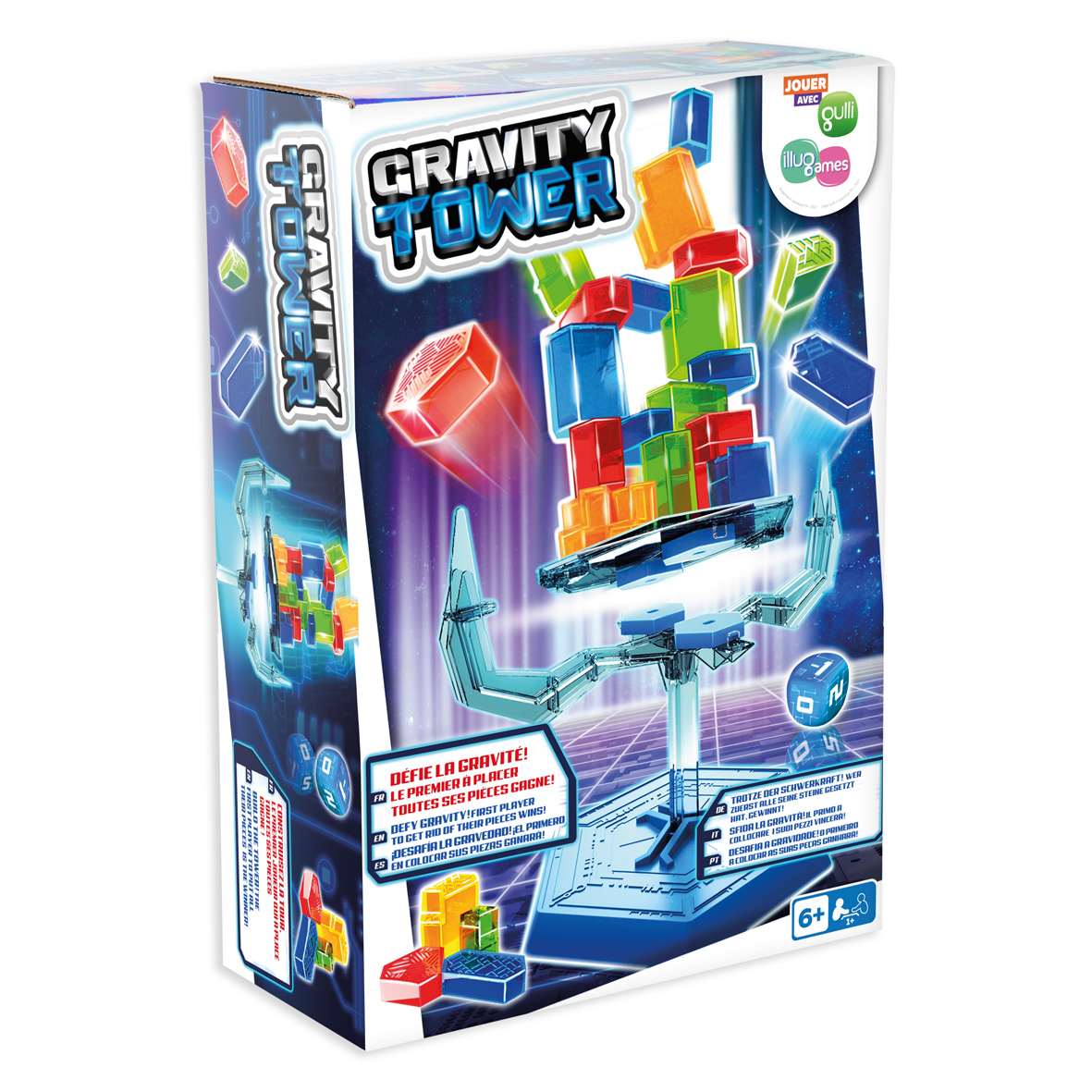 Schachtel des Gravity Tower-Spiels mit bunten Blöcken und Spielanweisungen.