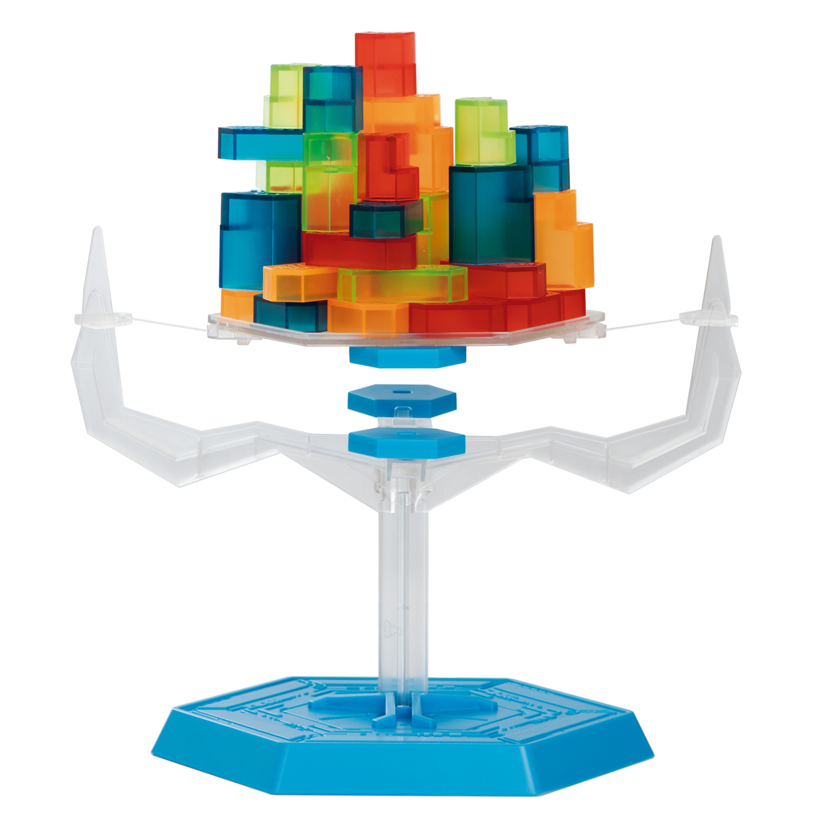 Ein farbenfrohes Block-Balance-Spielzeug mit blauem Sockel. Die Blöcke sind in verschiedenen Farben und Formen.