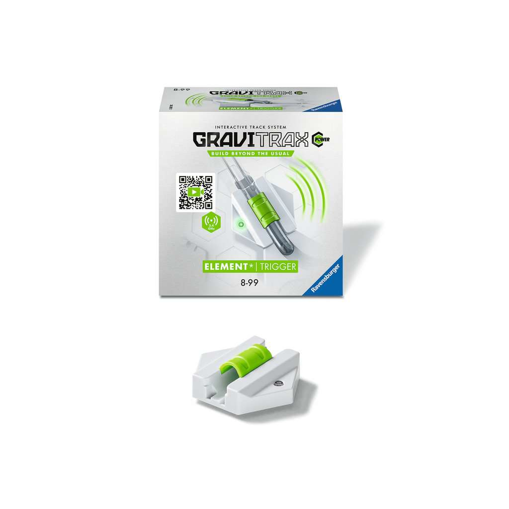 Pudełko z zestawem konstrukcyjnym. Zestaw zawiera biały spust i zielony element. Białe tło.