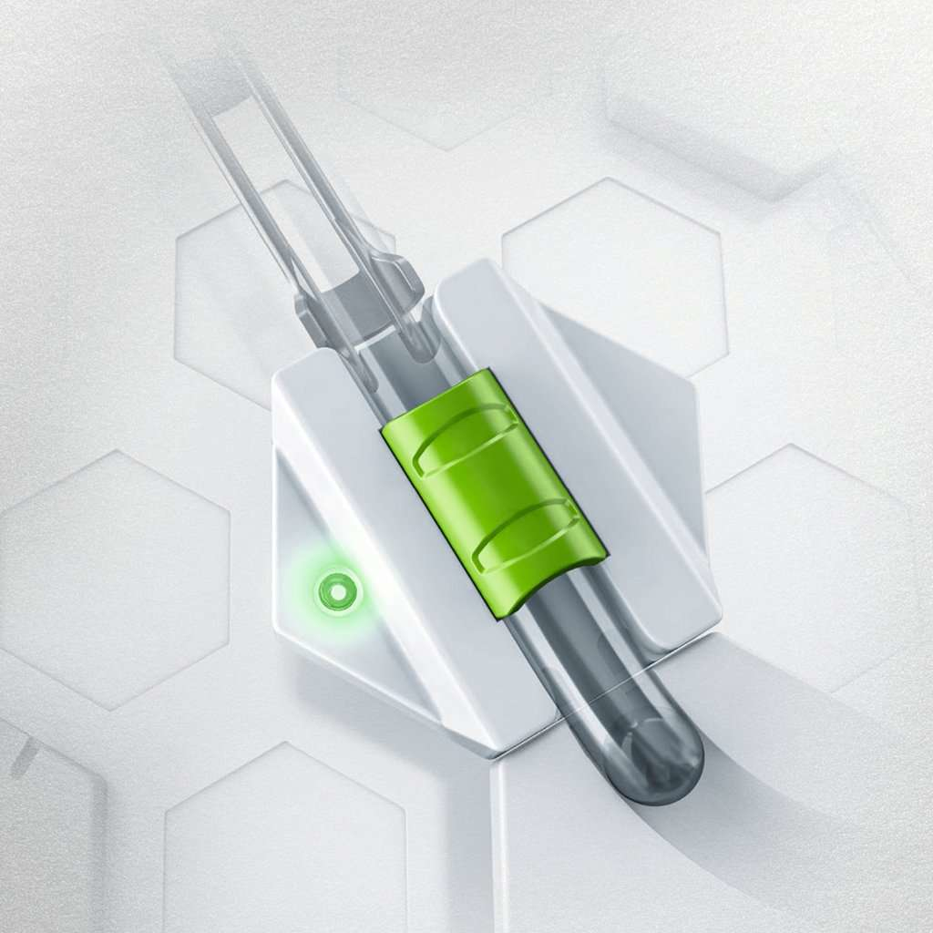 Urządzenie z zieloną taśmą na białej powierzchni. Obok urządzenia jest światło.