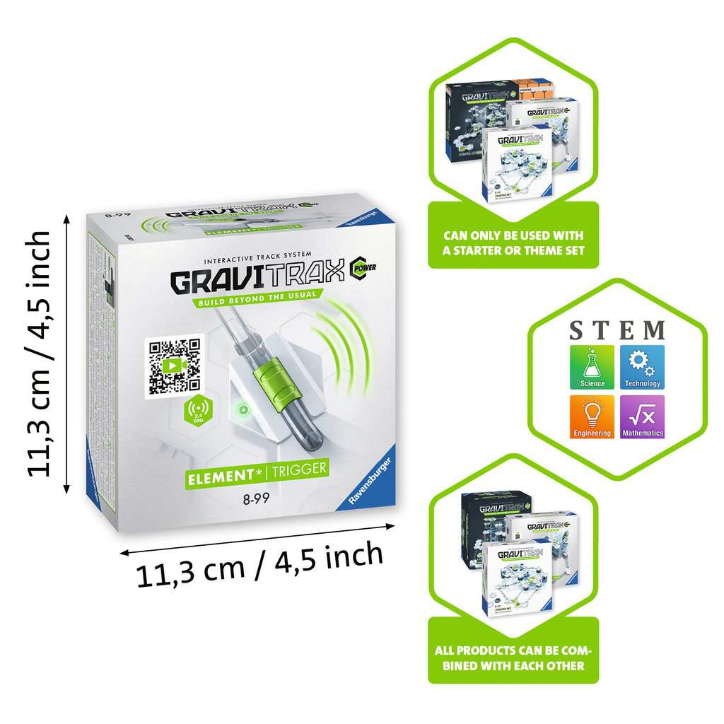 Pudełko z Gravitrax Element Trigger. Zawiera informacje edukacyjne STEM. Tekst: Buduj poza zwykłym. Połączone produkty.