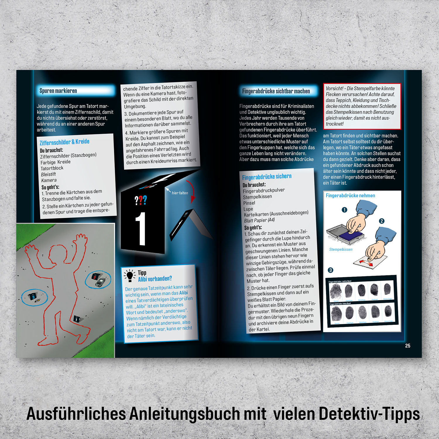 Ein forensischer Ermittlungsleitfaden mit Text und Illustrationen, der Fingerabdrücke und Tatortdetails zeigt.