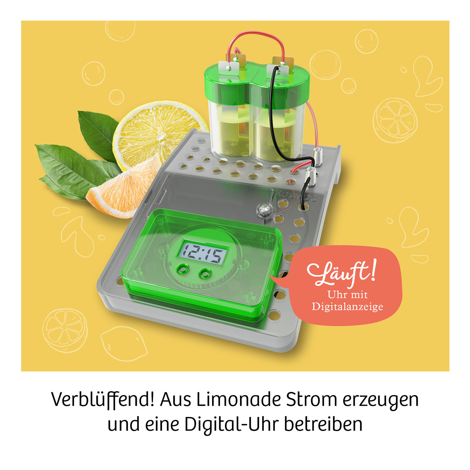 Experimentierset: zwei Batterien, eine Digitaluhr, mit Text zur Stromerzeugung.